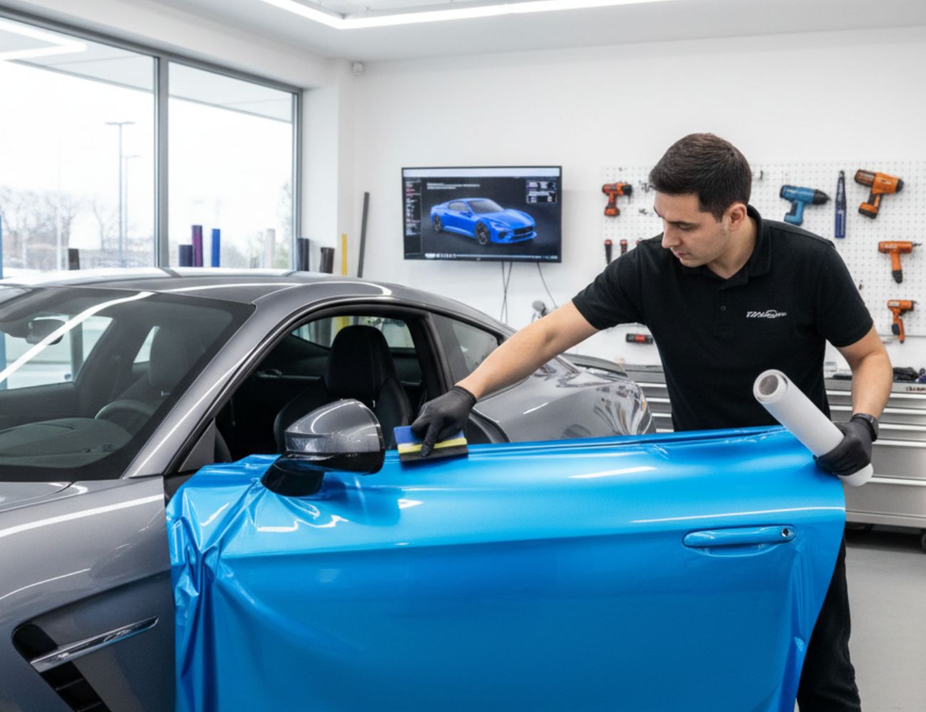Aplikace vinyl fólie na auto v profesionální dílně – technik nanáší polep na dveře vozidla